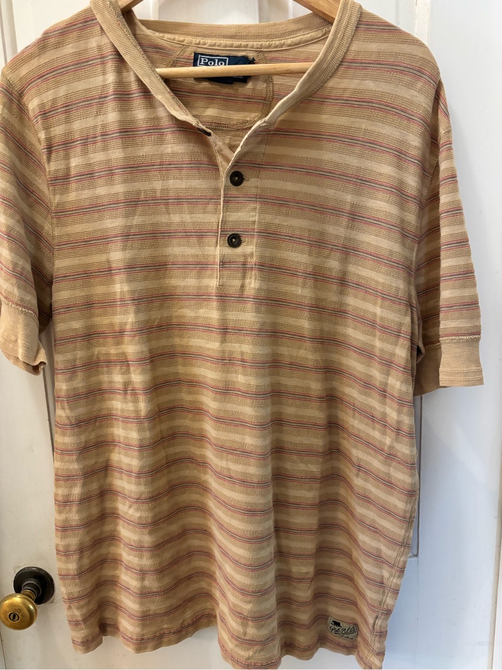 Polo by Ralph Lauren Tan Striped Short Sleeve vintage Henley Shirt